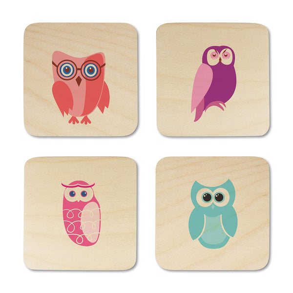 Colorful OWL Printed Wooden Coaster with Stand