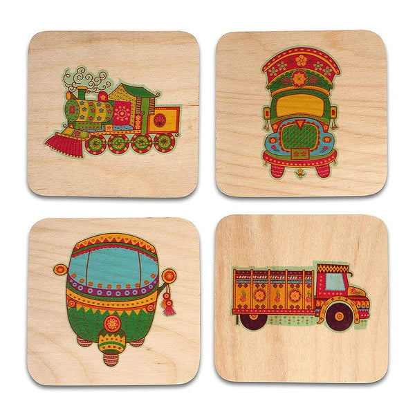 Indian Themed Transport Printed Coaster Set of 4 with Stand