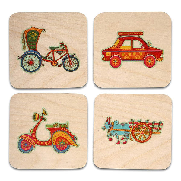 Indian Themed Transport Printed Coaster Set of 4 with Stand