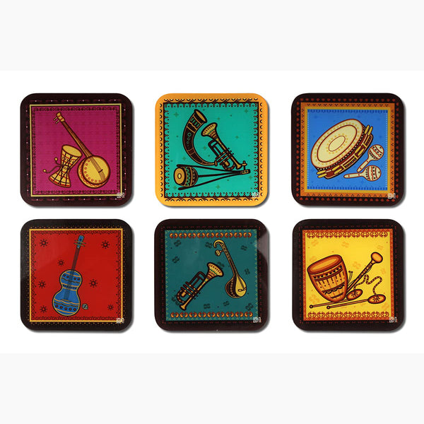 ndian Musical Instruments Printed Coasters for Home, Kitchen, Restaurant, Cafeteria Set of 6 with Stand