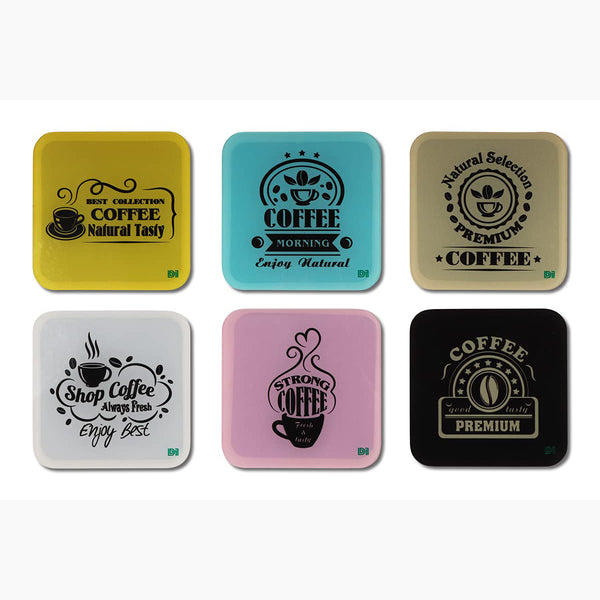 Coffee Printed Coasters for Home, Kitchen, Restaurant, Cafeteria Set of 6 with Stand