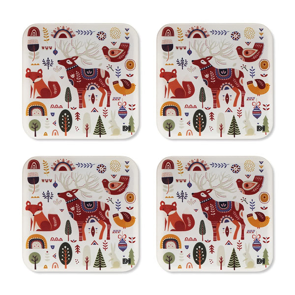 Scandinavian Animals Art Printed Coasters for Home, Kitchen, Restaurant, Cafeteria Set of 4 with Stand