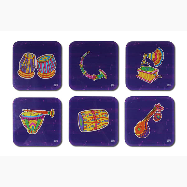 Indian Musical Instruments Printed Coasters for Home, Kitchen, Restaurant, Cafeteria Set of 6 with Stand