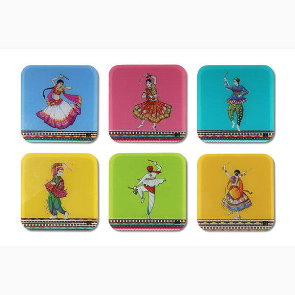 Dandiya Raas Printed Coasters for Home, Kitchen, Restaurant, Cafeteria Set of 6 with Stand