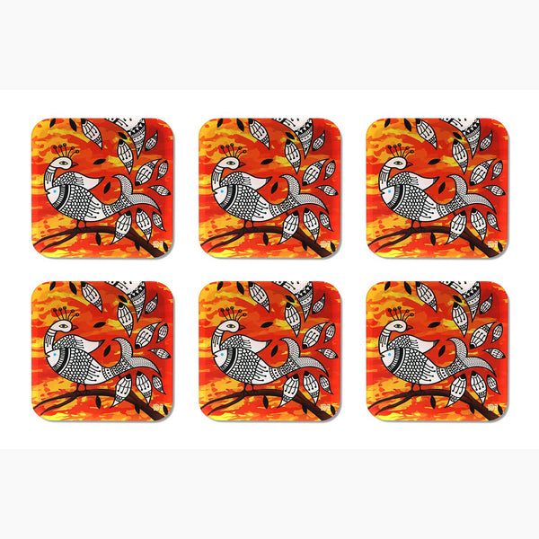 Madhubani Peacock Art Printed Coasters for Home, Kitchen, Restaurant, Cafeteria Set of 6 with Stand