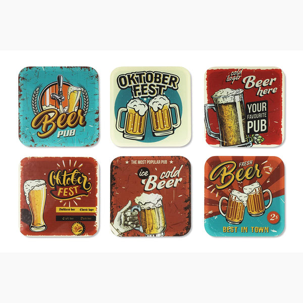 Beer Printed Coasters for Home, Kitchen, Restaurant, Cafeteria Set of 6 with Stand