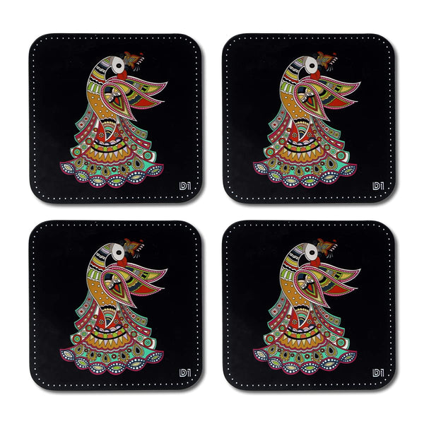 Madhubani Peacock Art Printed Coasters for Home, Kitchen, Restaurant, Cafeteria Set of 4 with Stand