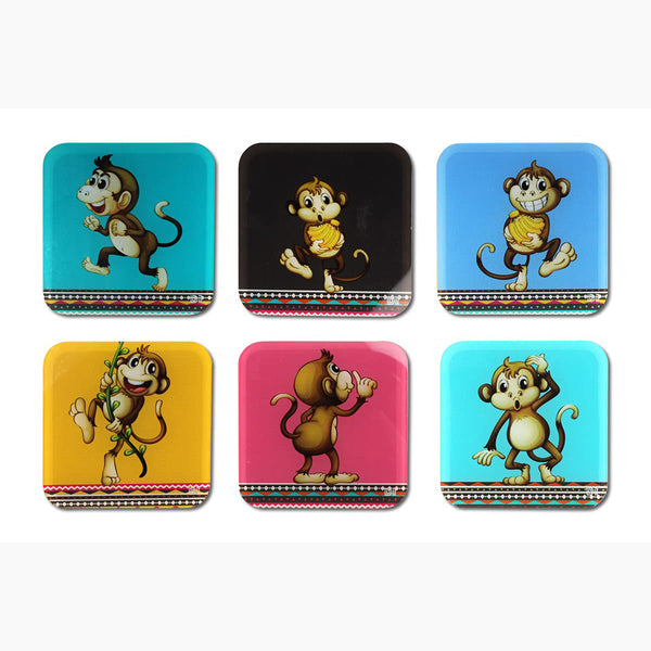 Monkey Printed Coasters for Home, Kitchen, Restaurant, Cafeteria Set of 6 with Stand