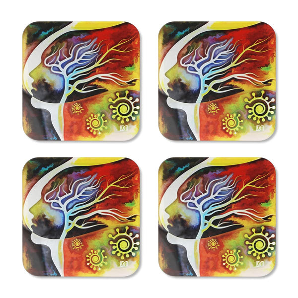 Abstract Random Art Printed Coasters for Home, Kitchen, Restaurant, Cafeteria Set of 4 with Stand