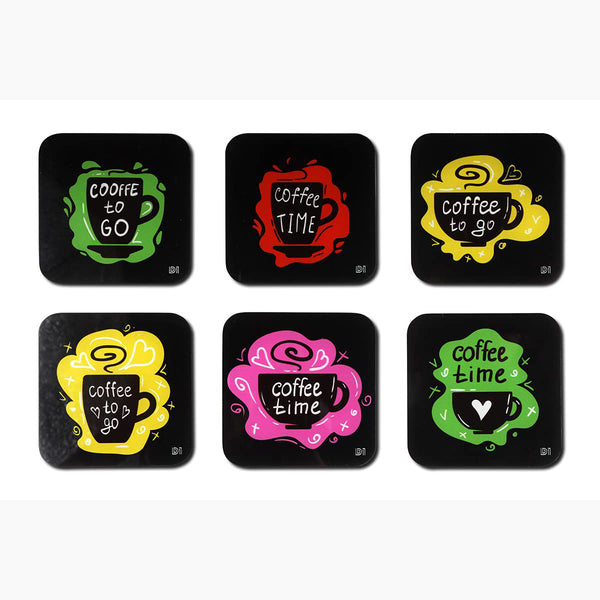 Coffee Time Printed Coasters for Home, Kitchen, Restaurant, Cafeteria Set of 6 with Stand