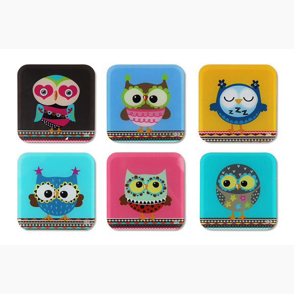 Owl Printed Coasters for Home, Kitchen, Restaurant, Cafeteria Set of 6 with Stand