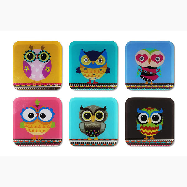 Owl Printed Coasters for Home, Kitchen, Restaurant, Cafeteria Set of 6 with Stand