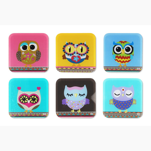 Owl Printed Coasters for Home, Kitchen, Restaurant, Cafeteria Set of 6 with Stand