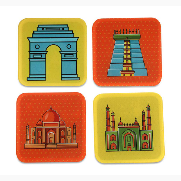 Wonders of India Printed Coasters for Home, Kitchen, Restaurant, Cafeteria Set of 4 with Stand