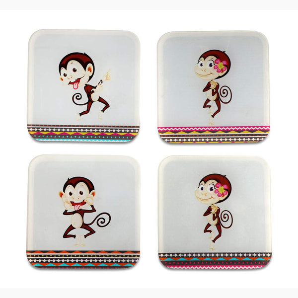 Monkey Printed Coasters for Home, Kitchen, Restaurant, Cafeteria Set of 4 with Stand