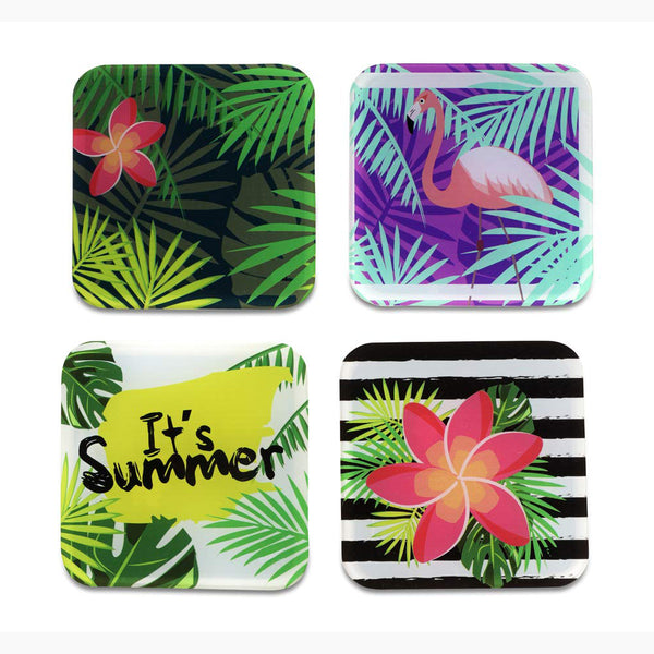 Summer Printed Coasters for Home, Kitchen, Restaurant, Cafeteria Set of 4 with Stand