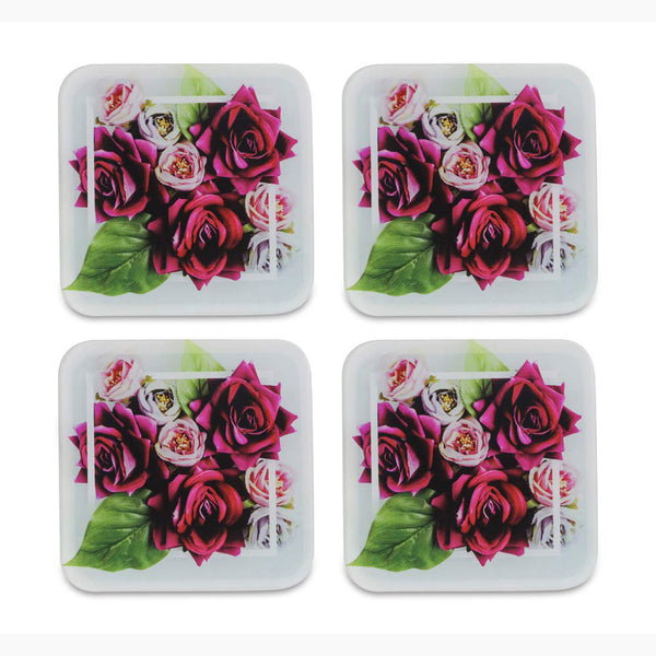 Rose Printed Coasters for Home, Kitchen, Restaurant, Cafeteria Set of 4 with Stand