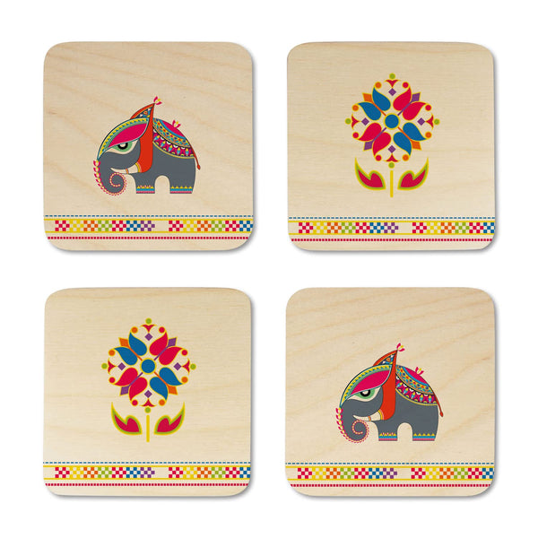 Elephant Printed Wooden Coaster with Stand