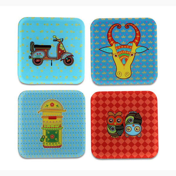 Decorative Art Printed Coasters for Home, Kitchen, Restaurant, Cafeteria Set of 4 with Stand