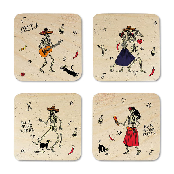 Skeleton Dance Printed Wooden Coaster with Stand