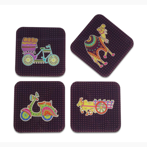 Indian Art Printed Coasters for Home, Kitchen, Restaurant, Cafeteria Set of 4 with Stand