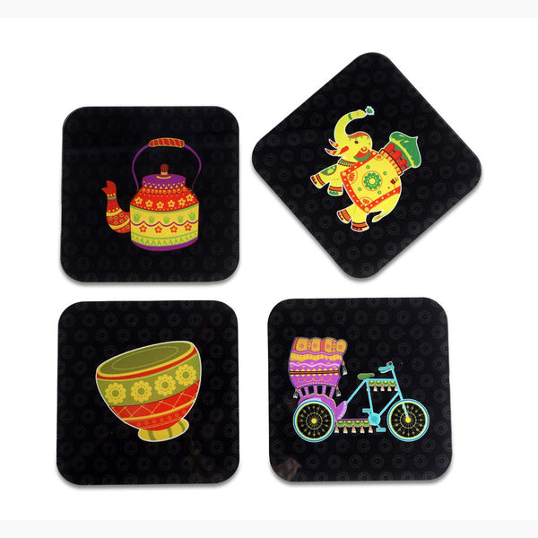 Indian Art Printed Coasters for Home, Kitchen, Restaurant, Cafeteria Set of 4 with Stand