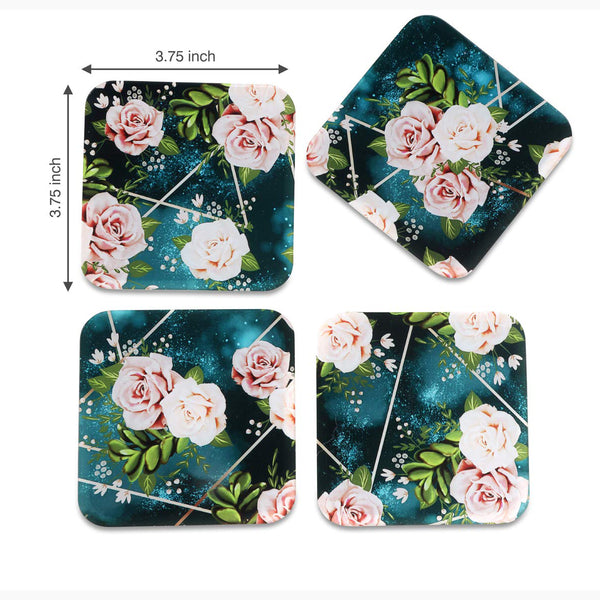 Flowers Printed Coasters for Home, Kitchen, Restaurant, Cafeteria Set of 4 with Stand