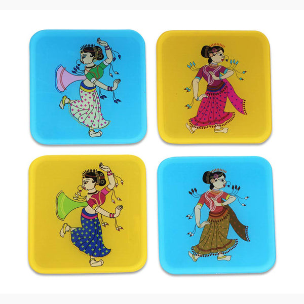 Dancing Women Printed Coasters for Home, Kitchen, Restaurant, Cafeteria Set of 4 with Stand