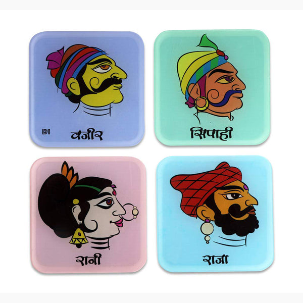 King & Queen Printed Coasters for Home, Kitchen, Restaurant, Cafeteria Set of 4 with Stand