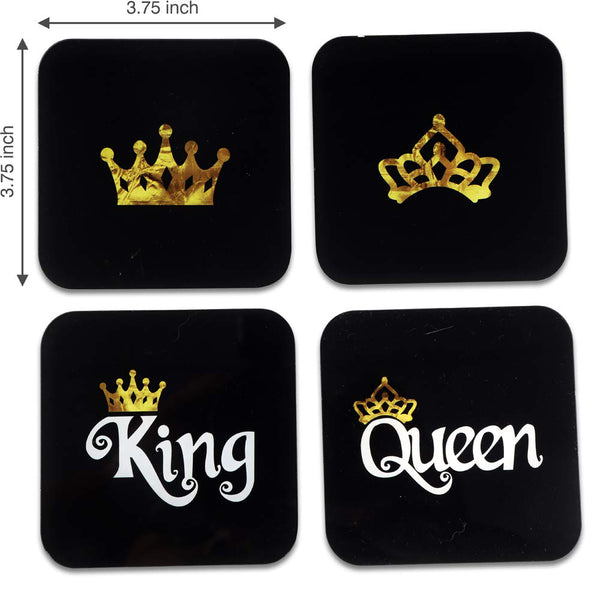 King & Queen Printed Coasters for Home, Kitchen, Restaurant, Cafeteria Set of 4 with Stand