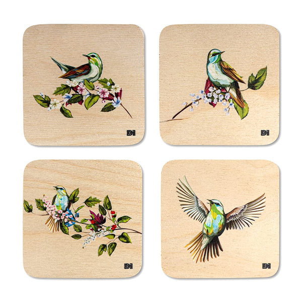 Birds Watercolor Art Printed Wooden Coaster with Stand