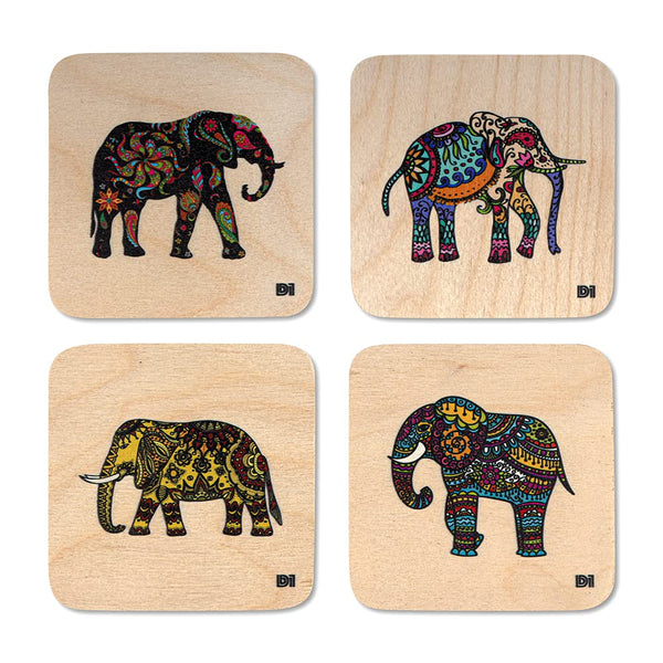 Elephant Printed Wooden Coaster with Stand