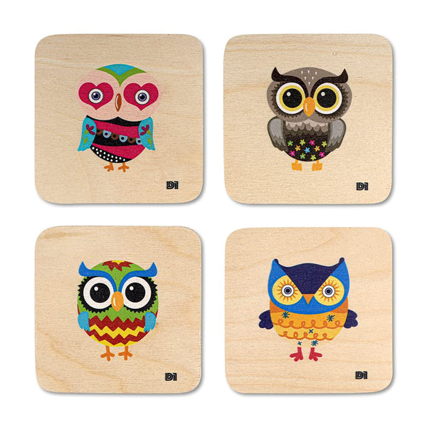 Colorful Owls Printed Wooden Coaster with Stand