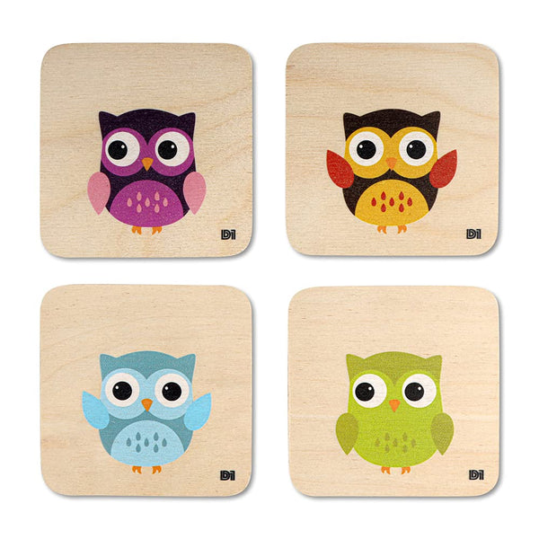 Owl Printed Wooden Coaster with Stand