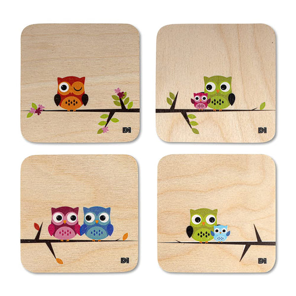 Owl On Branch Printed Wooden Coaster with Stand