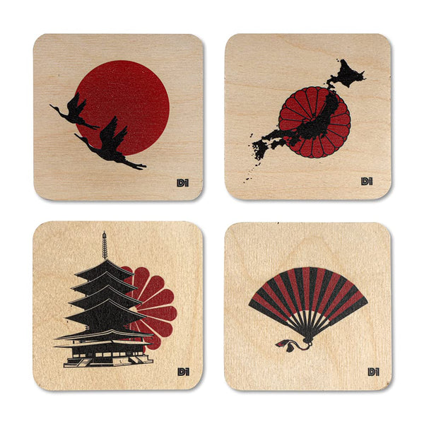 Japanese Printed Wooden Coaster with Stand