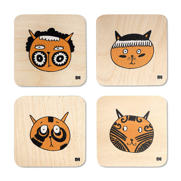 Cat Printed Wooden Coaster with Stand