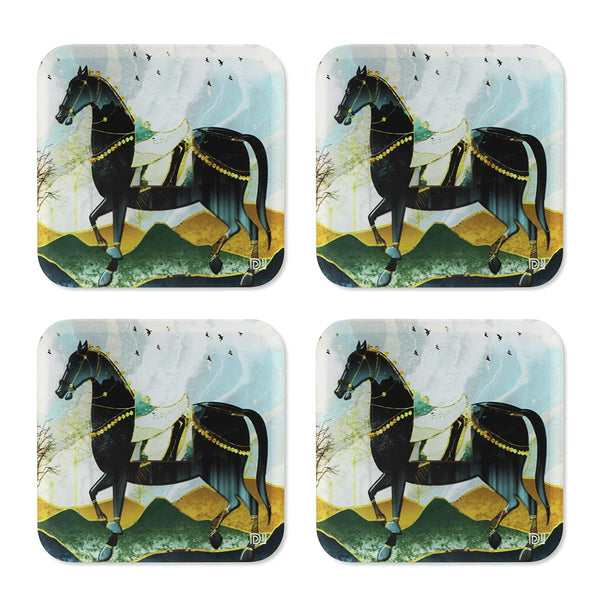 Horse Printed Coasters for Home, Kitchen, Restaurant, Cafeteria Set of 4 with Stand