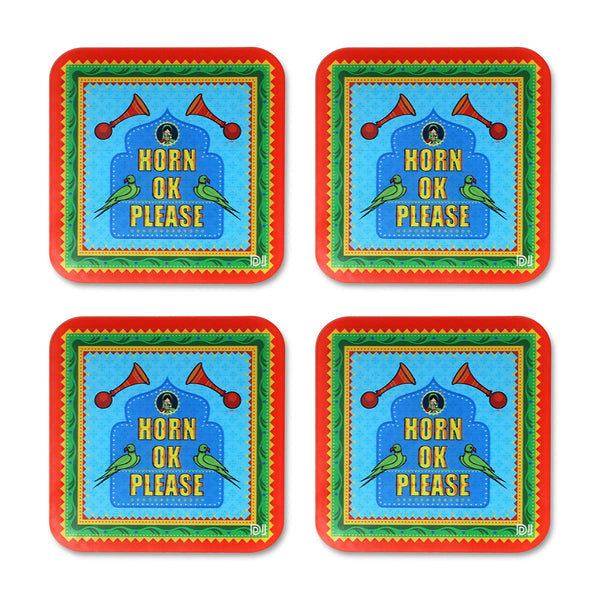 Horn Ok Please Printed Coasters for Home, Kitchen, Restaurant, Cafeteria Set of 4 with Stand