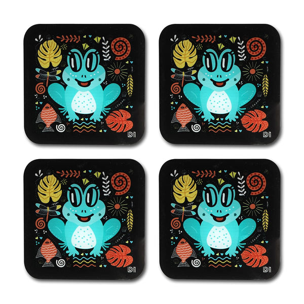 Frog Printed Coasters for Home, Kitchen, Restaurant, Cafeteria Set of 4 with Stand