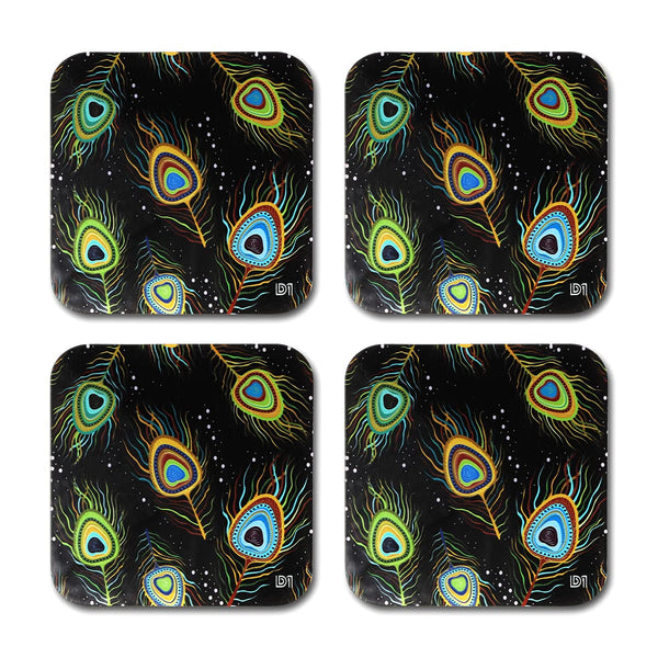 Peacock Feather Printed Coasters for Home, Kitchen, Restaurant, Cafeteria Set of 4 with Stand