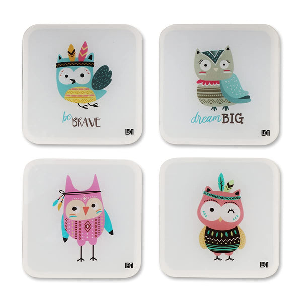 Motivational Owl Printed Coasters for Home, Kitchen, Restaurant, Cafeteria Set of 4 with Stand