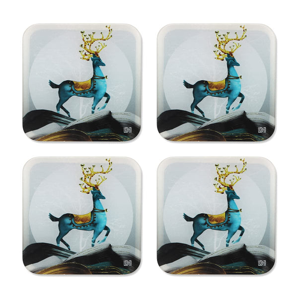 Deer Printed Coasters for Home, Kitchen, Restaurant, Cafeteria Set of 4 with Stand