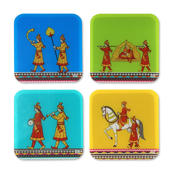 Indian Wedding Printed Coasters for Home, Kitchen, Restaurant, Cafeteria Set of 4 with Stand