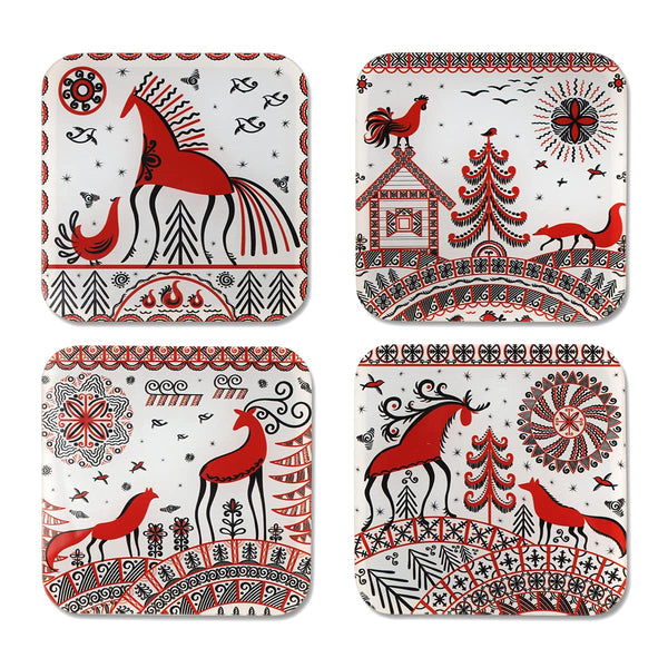 Scandinavian Folk Art Printed Coasters for Home, Kitchen, Restaurant, Cafeteria Set of 4 with Stand