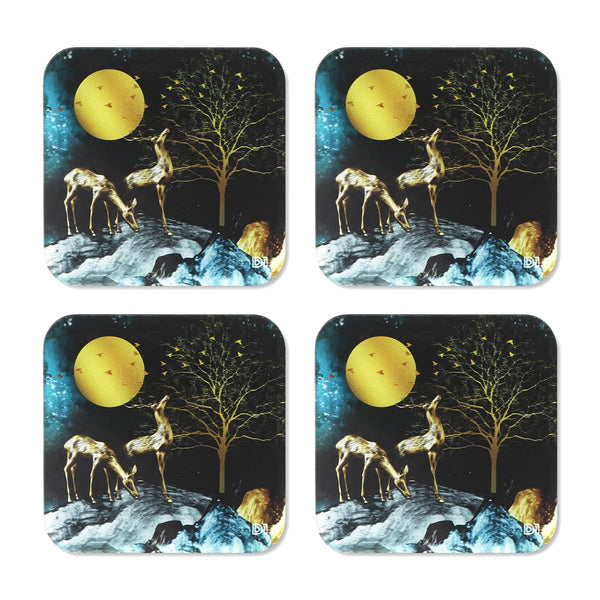 Deers in Night Printed Coasters for Home, Kitchen, Restaurant, Cafeteria Set of 4 with Stand