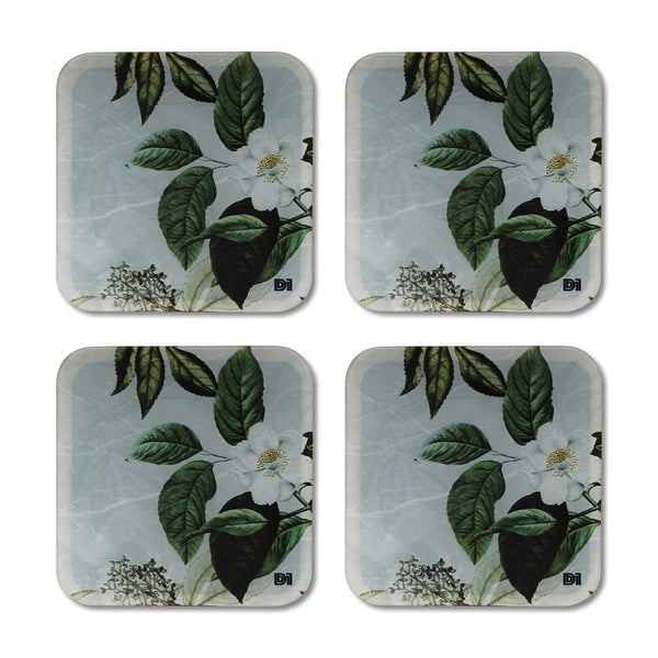 Flower Printed Coasters for Home, Kitchen, Restaurant, Cafeteria Set of 4 with Stand