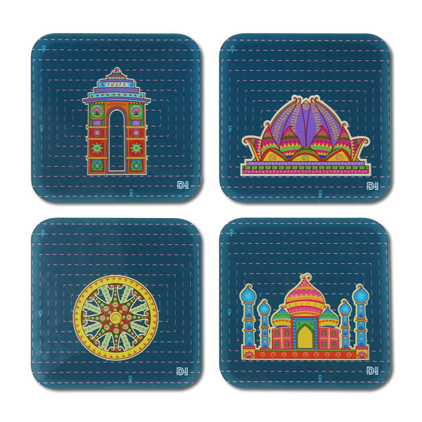 Historical Wonders Printed Coasters for Home, Kitchen, Restaurant, Cafeteria Set of 4 with Stand