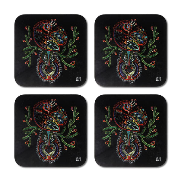 Peacock Printed Coasters for Home, Kitchen, Restaurant, Cafeteria Set of 4 with Stand