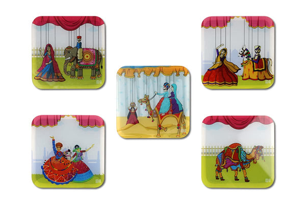 Rajasthani Puppet Printed Coasters for Home, Kitchen, Restaurant, Cafeteria Set of 5 with Stand